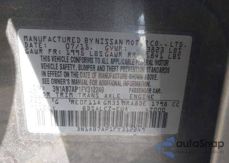 2015 Nissan Sentra S z USA, uszkodzony, nr VIN 3N1AB7AP1FY312249